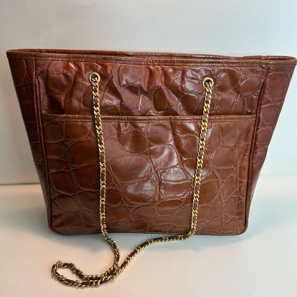 Vintage Genuine Leather by Reem Brown Croc Embossed Leather Tote Bag - Picture 3 of 16